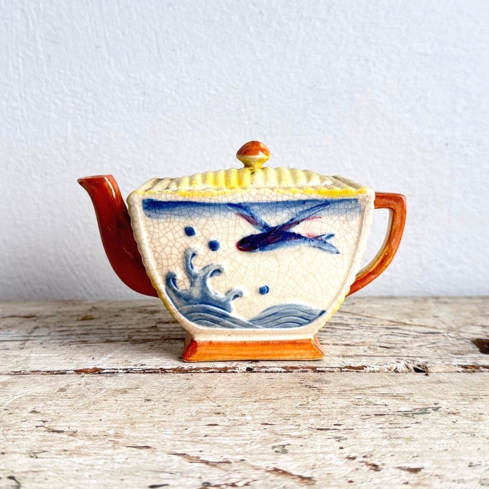 Vintage Japanese Hand Painted Ceramic Teapot Flying Fish Ocean Waves CSGC
